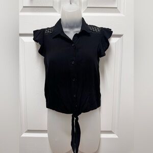 No Boundaries Black Button-Down Top with Ruffle Sleeves
